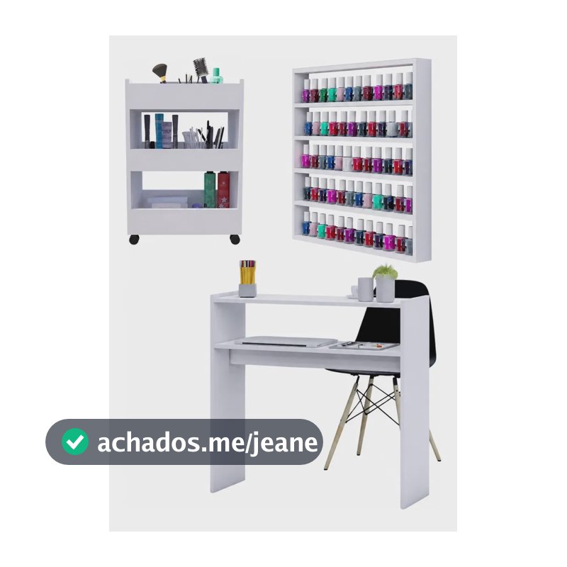 Kit Manicure Nail Mesa + Carrinho + Expositor Esmaltes Salão Branco