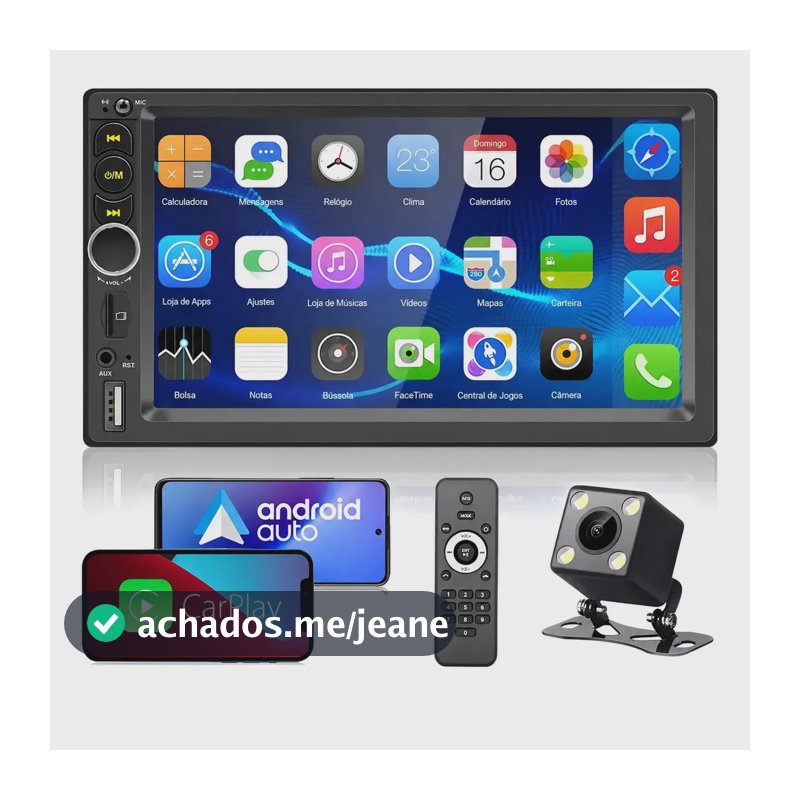 Central Multimídia 7" Touch Retrátil Double DIN com Mirror Link por Cabo, Bluetooth, FM, MP5, USB, Câmera de Ré e Luz Neon para Carro