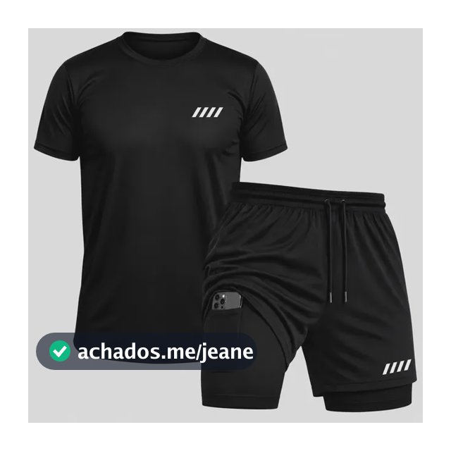 Conjunto Academia Short 2 Em 1 + Camiseta Dryfit Bermuda Kit Preto 4 Listras G