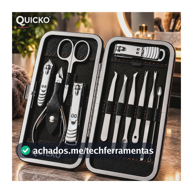 Kit Manicure Portátil Estojo Alicate Cortador De Unha 12 Pç - Desencravador De Unha Alicate Lixa Profissional Premium Tesoura Empurrador De Cutículas Marca Quicko