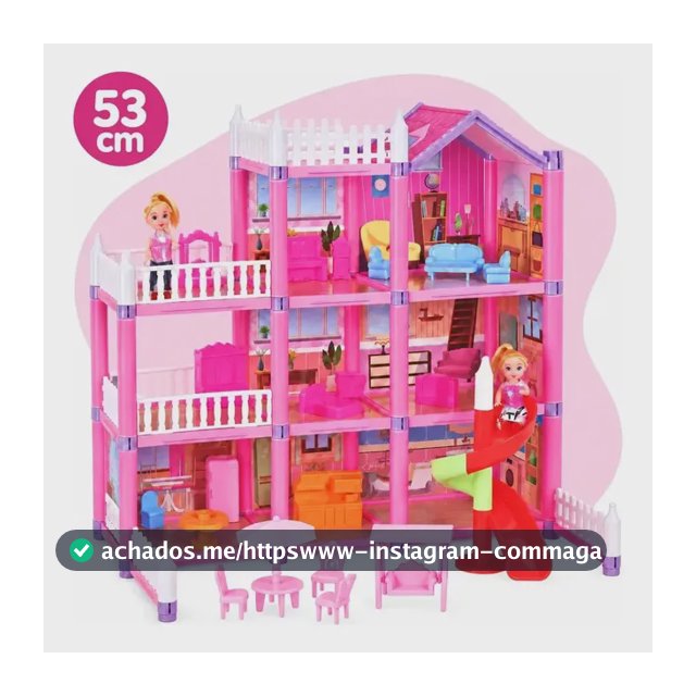 Casa de Boneca Grande 174 Peças 3 Andares 10 Ambientes Com Escorregador 2 Bonecas e Móveis Brinquedo de Montar 50x53cm Rosa Menina Kizumba