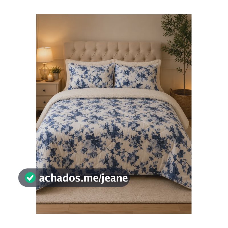 Coberdron Queen 2,50m X 2,40m Dupla Face 100% Algodão Sherpa Azul Coberdron Floral Azul