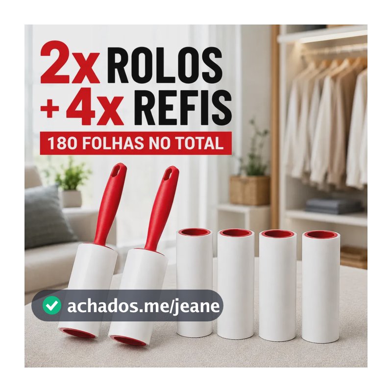 Kit 2 Rolos Tira Pelos Adesivo + 4 Refis 180 Folhas Remove Fiapos Roupa Sofá
