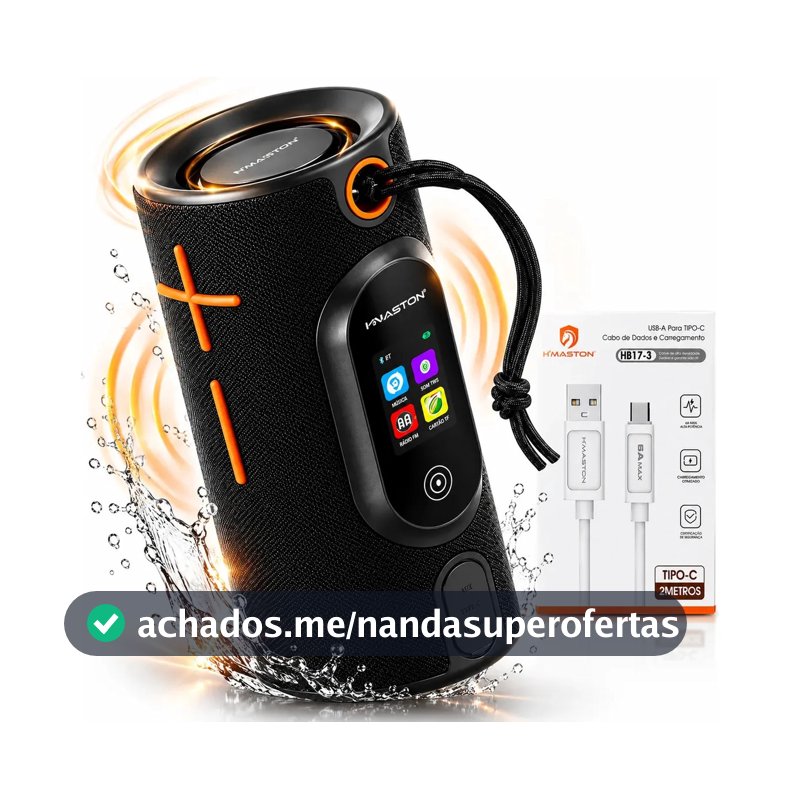 Caixa de Som Bluetooth 5.3 40W RMS com Tela Touch, IPX6, USB, Cartão TF, AUX, Rádio FM, Graves Potentes e Bateria 3600mAh