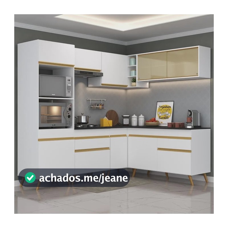 Armário Cozinha Completa De Canto Veneza Multimóveis V2064 Cor Branco/dourado