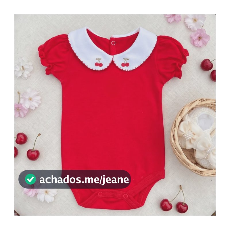 Body Bebê Menina Manga Bufante E Gola Bordada Cereja Algodão Vermelho M Cereja