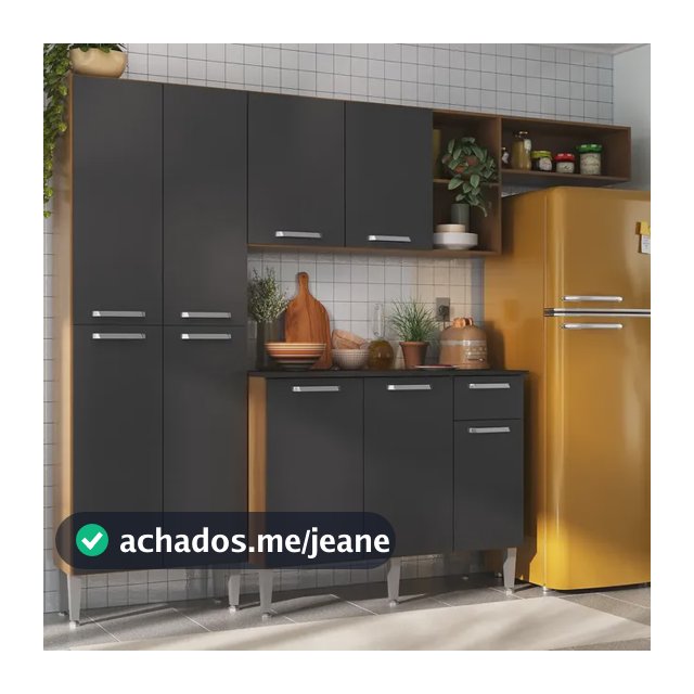 Armário de cozinha Compacta Completa Modulada Pequim Premium Multimóveis MP2933 com armário e balcão incluso cor Carvalho com Preto