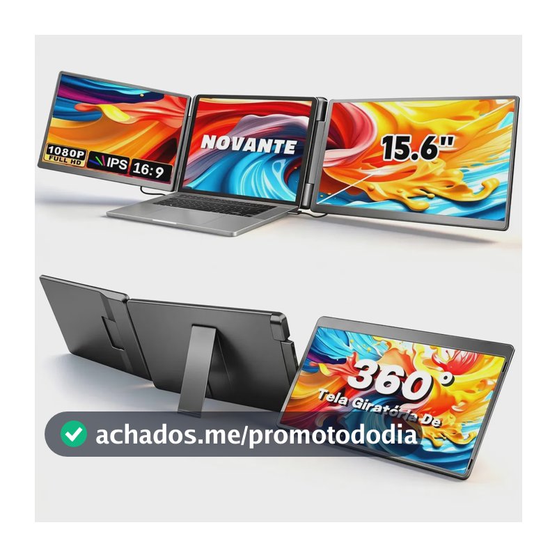 Monitor Portátil NOVANTE de 15.6" Full HD para Laptop, Tela Dupla e Rotação 360°