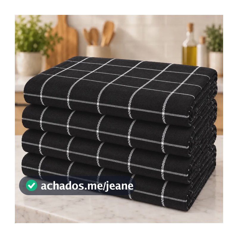Kit 4 Panos De Prato Cozinha Xadrez Felpudo Alta Absorção Preto