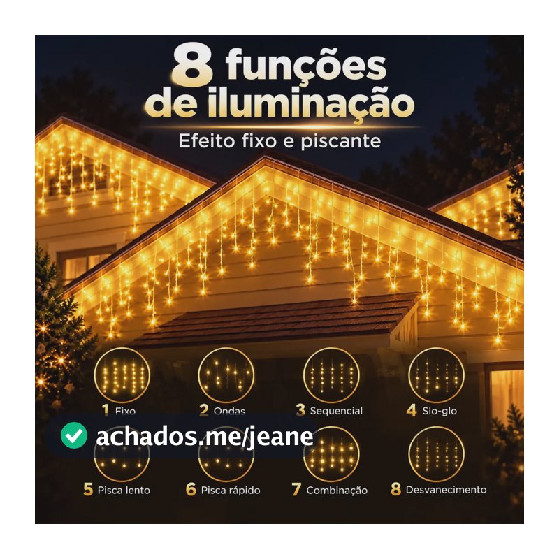 Cascata LED 400 Luzes Branco Quente 10m Decoração Natal Luz de Natal fixo com função pisca estrela de carro copa