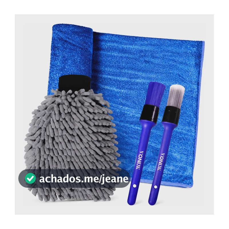 Kit Toalha Microfibra Azul 50x90cm 400GSM e Luva Chenille Detailer + Pincéis Interno e Externo Vonixx