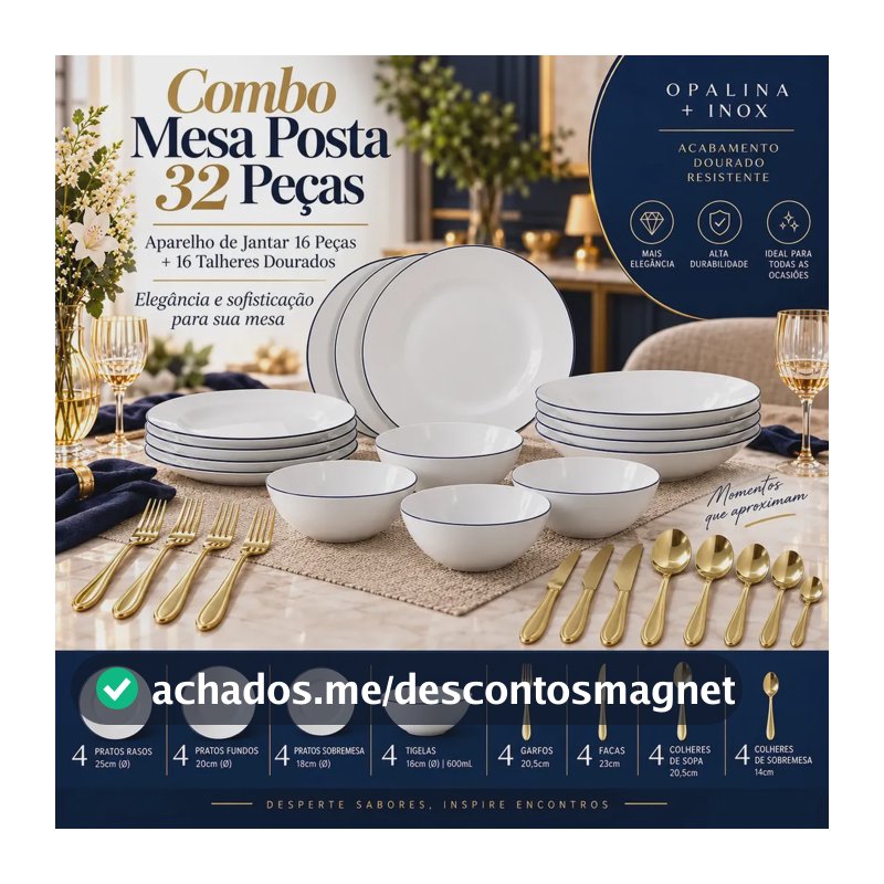 Aparelho De Jantar Nhame 32 Peças Para 4 Pessoas Com Pratos E Tigelas Em Opalina Branca Com Filete Azul E Talheres Em Aço Inox Com Acabamento Dourado