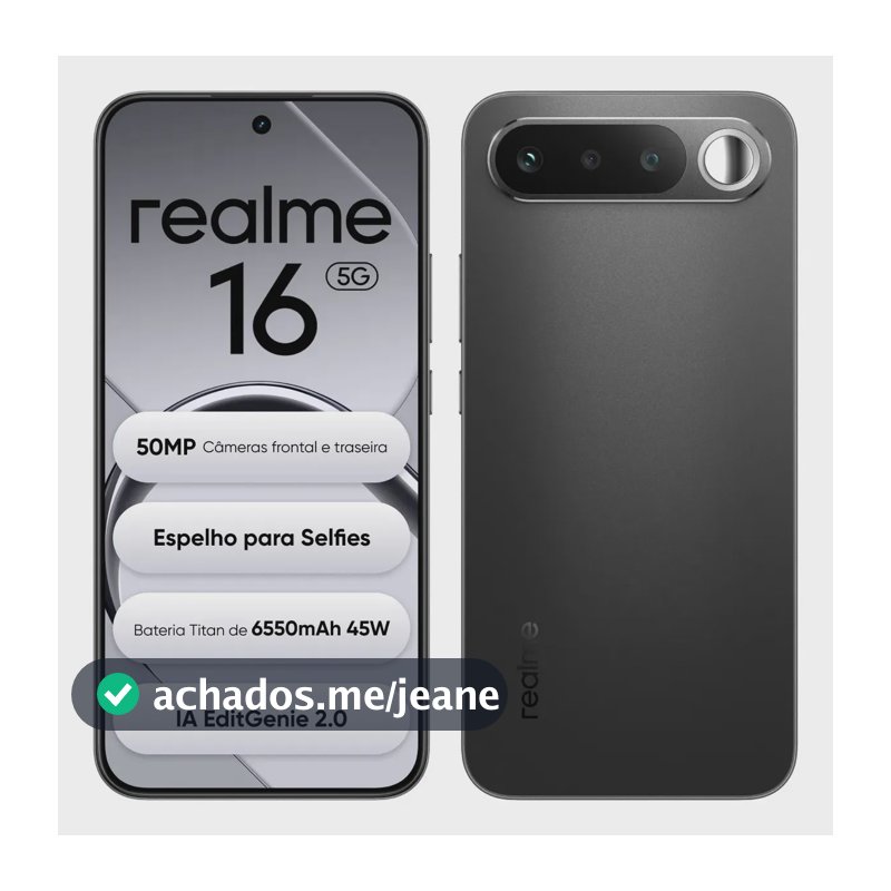 Smartphone Celular Realme 16 5g 256gb 12gb Ram Dual Sim Câmera De 50mp Lumacolor Image Espelho para Selfies Bateria 6550mah, Resistência à água Ip69 Pro, 4200nit Amoled Preto