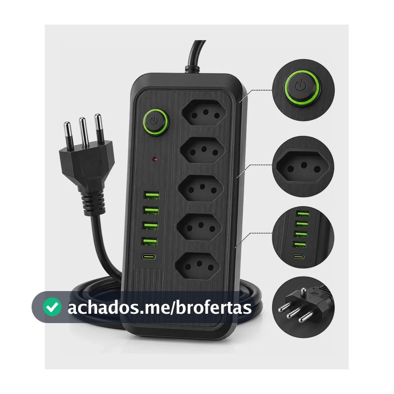 Filtro De Linha Extensão Régua Elétrica Bivolt Usb Tipo C Preto 127/220v
