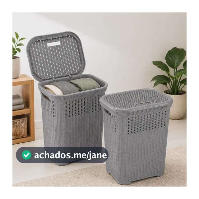 Cesto De Roupa Rattan 50l Com Tampa Basculada Grande Giplast Cinza
