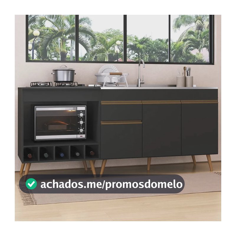 Kit Balcão de Cozinha para Pia e Balcão para Cooktop/Forno 190cm Veneza Multimóveis MP2384 Preto/Dourado