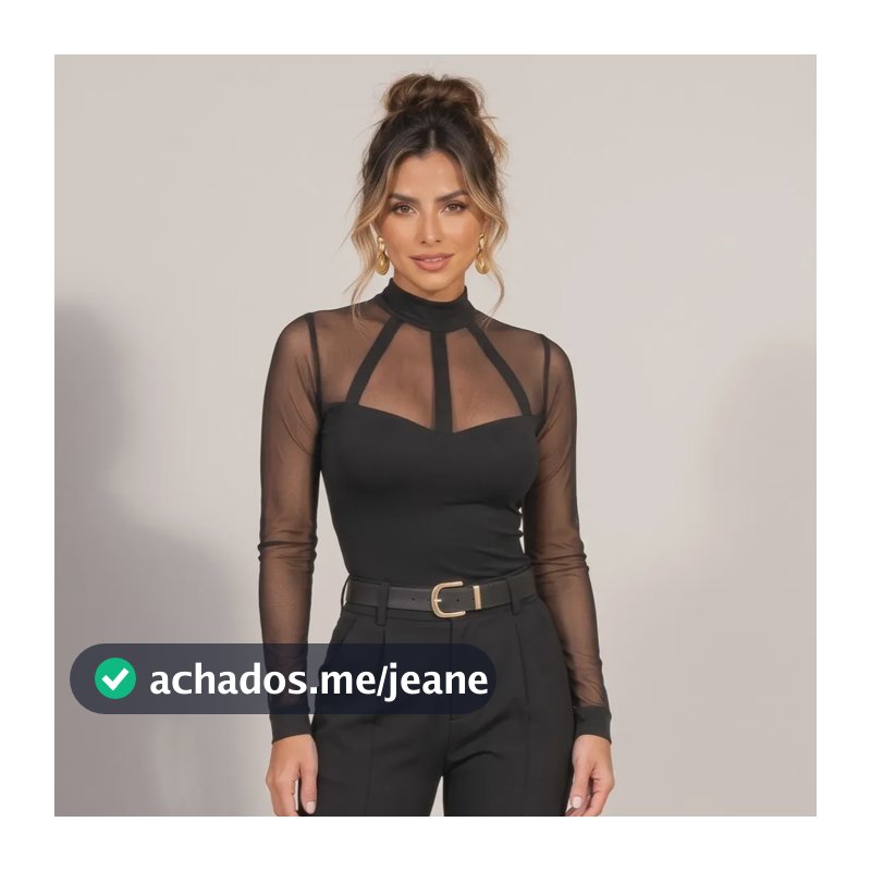 Blusa Manga Longa Tule Transparên Elegante Moda Blogueira Preto Liso M