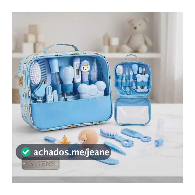 Kit Higiene Bebê Completo Azul Bolsa Maternidade Termômetro Digital Escova Pente Cortador Unha Aspirador Nasal Cuidados Recém Nascido Enxoval Acessórios Higiene Infantil
