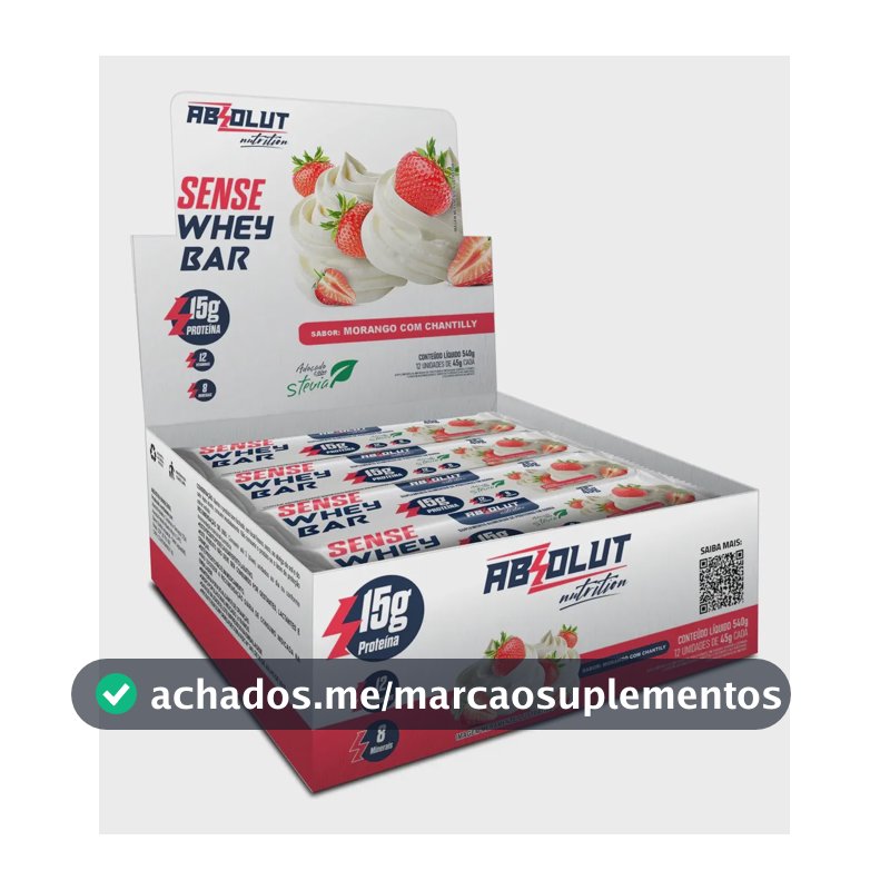 Barra De Proteína Whey Sense Bar Absolut Nutricion 45g 12uni Morango Com Chantilly