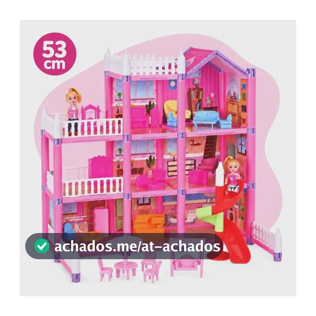 Casa de Boneca Grande 174 Peças 3 Andares 10 Ambientes Com Escorregador 2 Bonecas e Móveis Brinquedo de Montar 50x53cm Rosa Menina Kizumba