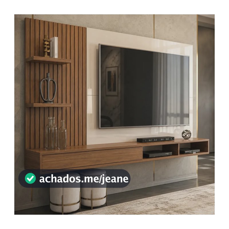 Painel Bancada Suspensa Lisboa 190cm Tv Até 60 Polegadas Ripado Com Nichos 1 Porta Inova Móveis Design Moderno Cor Freijó Off White