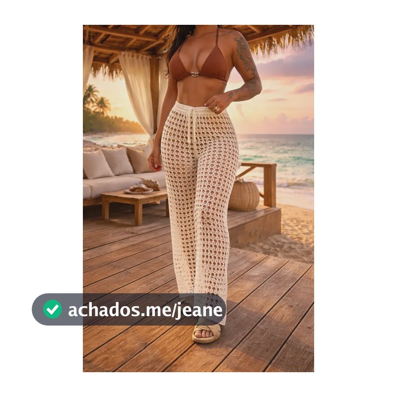 Calça Feminina Saída Praia Tricô Crochê Slim E Plus Size  Branco P-36/40