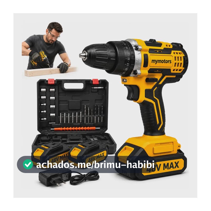 Parafusadeira Furadeira 48v Profissional 2 Baterias Sem Fio Amarelo 127/220v 60 Hz
