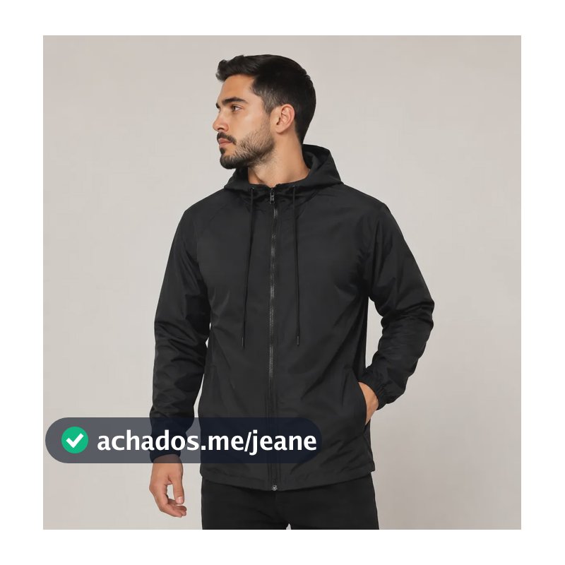Jaqueta Corta Vento Unissex Liso Esportivo Bolsos E Capuz Preto Gg