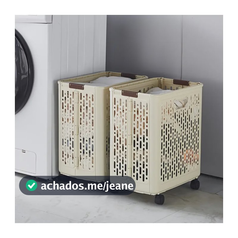 Cesto De Roupa Suja Grande Dobrável Com Rodinhas Portátil Branco Bege
