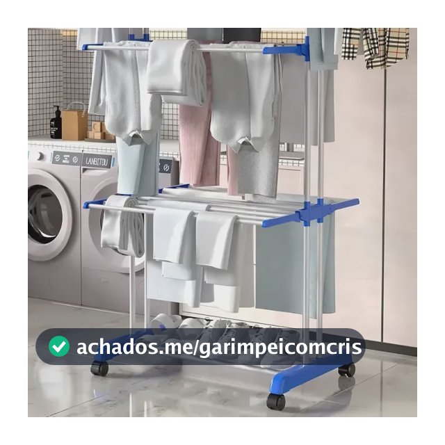 Varal Chão Roupas Grande Dobrável 3 Andares Com Rodinhas Azul