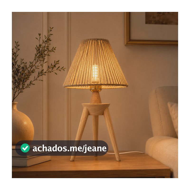 Abajur Luminária Mesa Madeira Cúpula Fibra Natural 220v