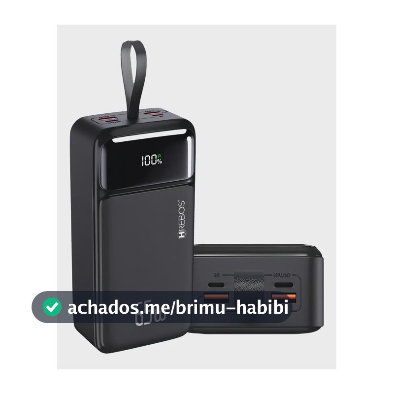 Power Bank Turbo 65w Hrebos 30000mah Com Display Digital Cor Preto