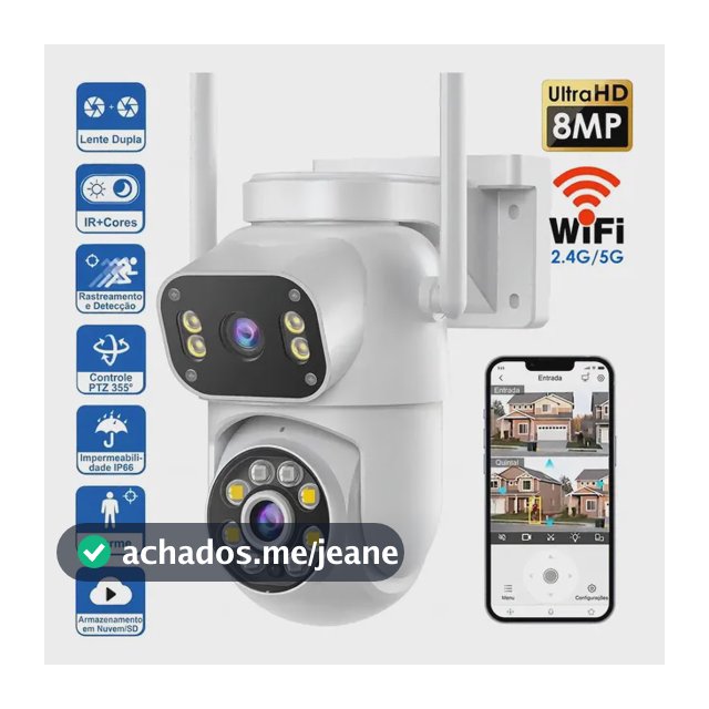 Câmera de vigilância externa Mvpsmart 360° PTZ Wi-Fi 8 MP Full HD - Alarme sonoro/luz, detecção de movimento, visão noturna IP66, áudio bidirecional, armazenamento em cartão SD/na nuvem