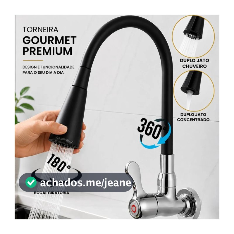 Torneira Gourmet Luxo Flexível Cozinha Parede 2 Jatos Pia Metal Cor Aço Inox e Preto- Marca Camperluz