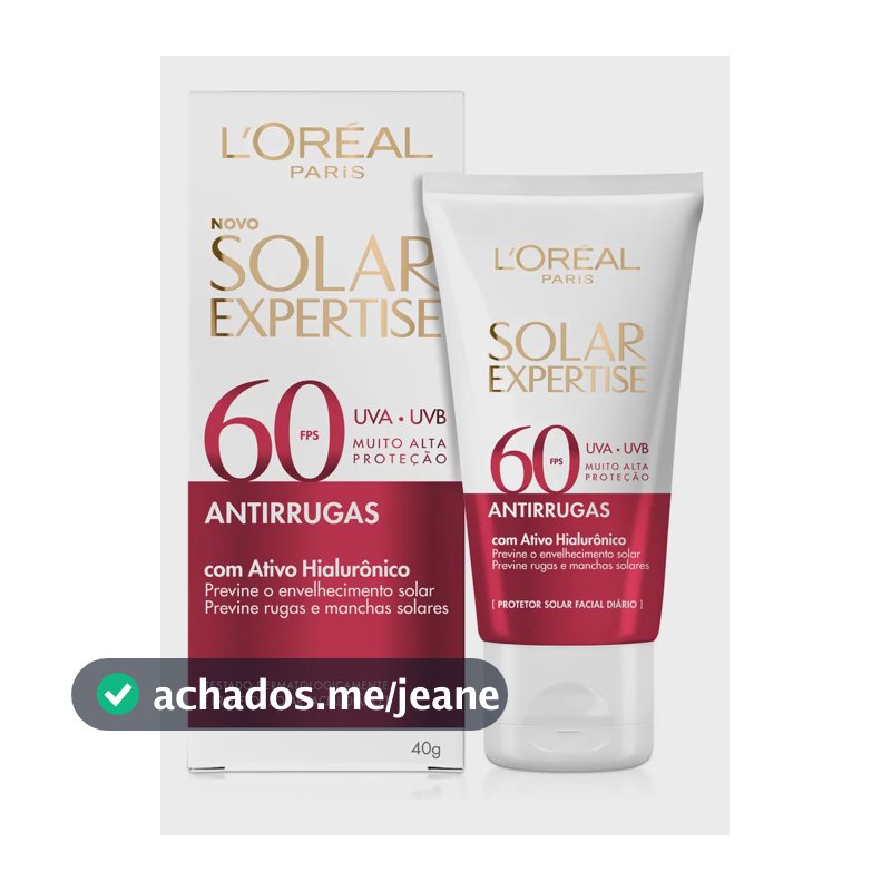 Protetor Solar Facial FPS 60 com Ativo Hialurônico que Previne Rugas, Manchas Solares, Hidrata e Tem Toque Seco, sem Perfume, Solar Expertise Antirrugas L'Oréal Paris 40g
