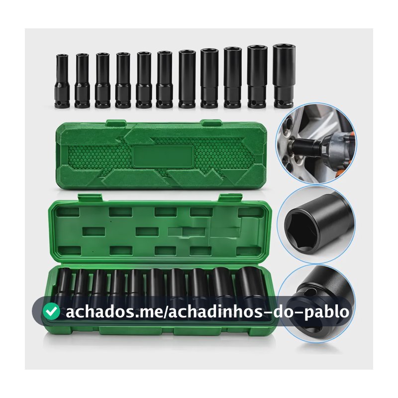 Jogo Aço Soquete Longo Sextavado Impacto 10peças 1/2 8-24mm