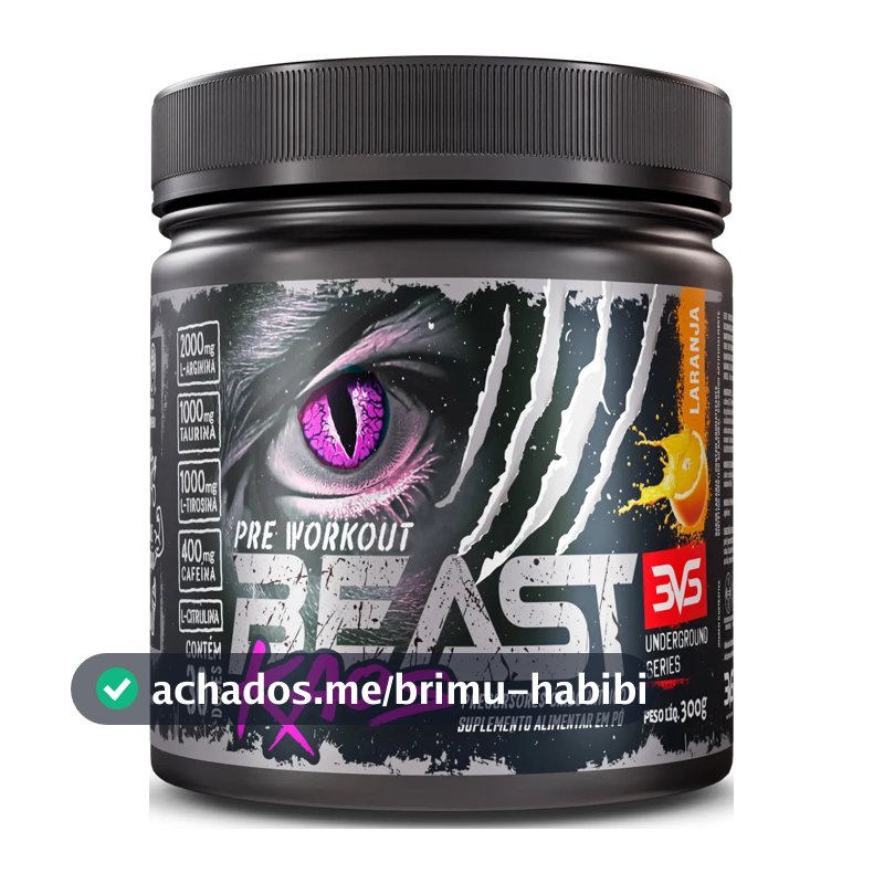 PRÉ TREINO BEAST KAOS 300g - Sabor Laranja - Extra Forte com Citrulina, Beta Alanina, Cafeína, Arginina, Taurina e Tirosina
