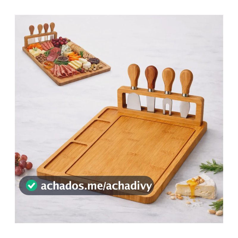 Kit Tábua De Frios E Queijos Grande Bambu 40cm + Jogo De Facas 4 Peças Petisqueira Para Servir Mesa Posta Gourmet Encontro Familiar Romântico Premium E Ecológica
