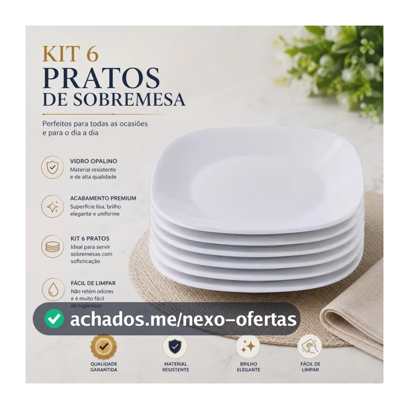 Jogo 6 Pratos de Sobremesa Raso em Vidro Branco Quadrado 21cm Mesa Posta Decoração Cozinha Elegante Resistente e Prático
