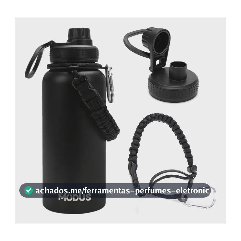 Garrafa Térmica 1000ml Aço Inox 304 Gelo 18h Quente 12h Com Alça Paracord Cor Preta-j252