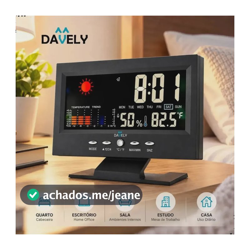 Relógio Digital De Mesa Despertador Termômetro Higrômetro Temperatura Umidade Calendário Alarme Snooze Display Grande 12/24h °C/°F Para Quarto Cabeceira Escritório Casa Preto Davely