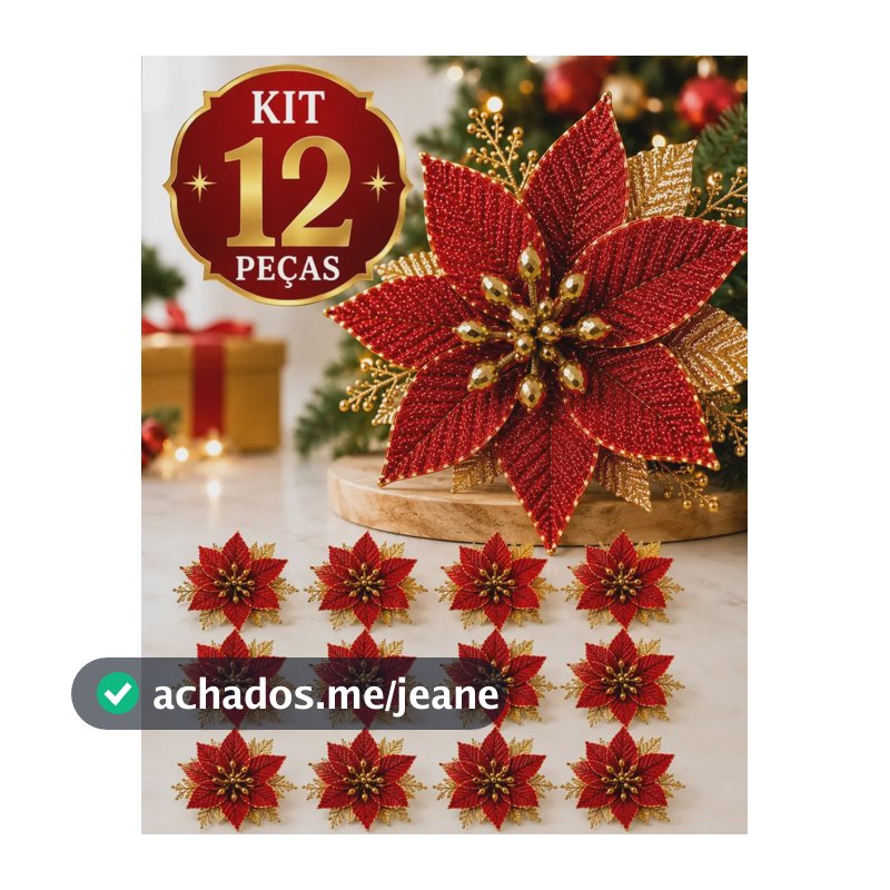Kit 12 Flores Enfeite Natal Glitter Árvore Decoração Artificial Decorativa Natalina Luxo Vermelho com Dourado Brilhante Ornamento Festa Arranjo Guirlanda Mesa Festivo Especial Premium Ideal Decore