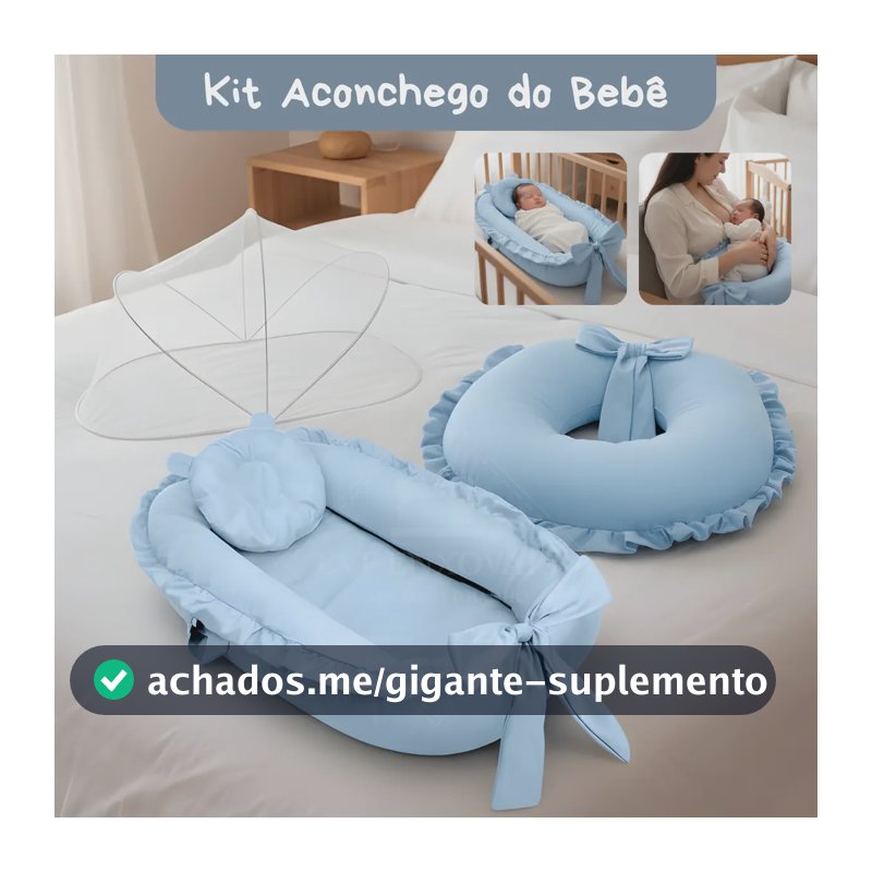 Kit Ninho Redutor e Almofada Amamentação e Mosquiteiro Bebê Maternidade Toque Macio Cor Azul Claro