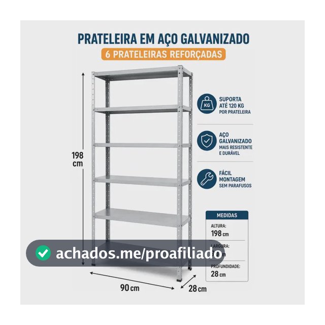 Prateleira Estante Aço Galvanizado 6 Bandejas 1,98x90x28cm Cinza