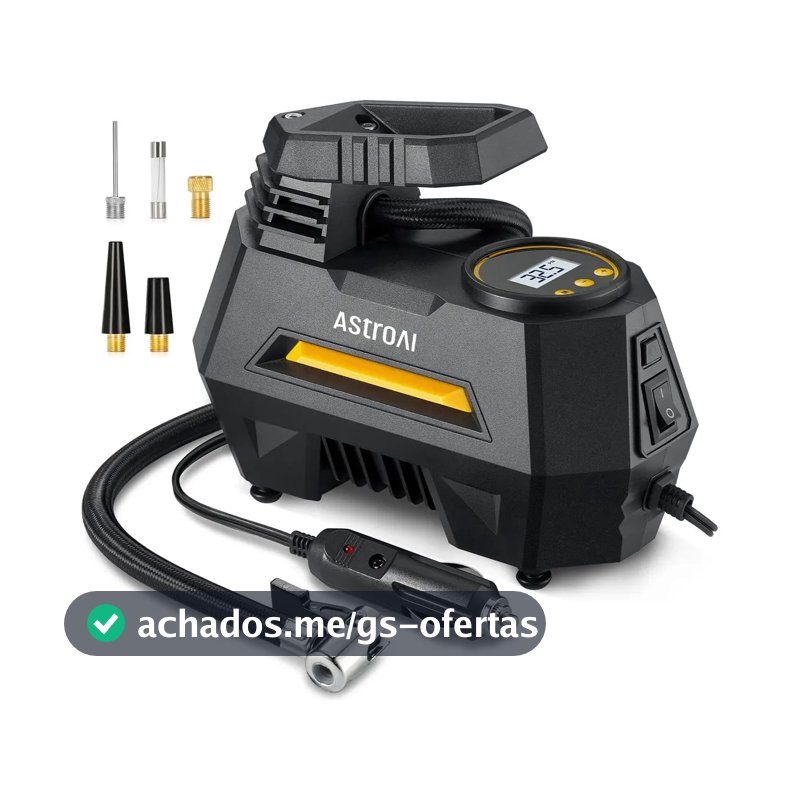 Compressores de ar portátil AstroAI para pneus de carro–Acessório automotivo,cabo de alimentação de 3 metros–Alimentação de CC,com manômetro digital e luz LED,adequada bicicletas e balões