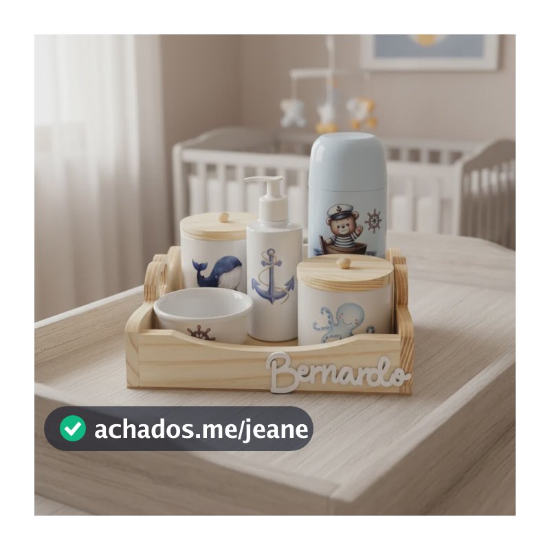 Kit Higiene Bebê Porcelana Ursinho Marinheiro Bandeja Pinus Garrafa Azul/branco