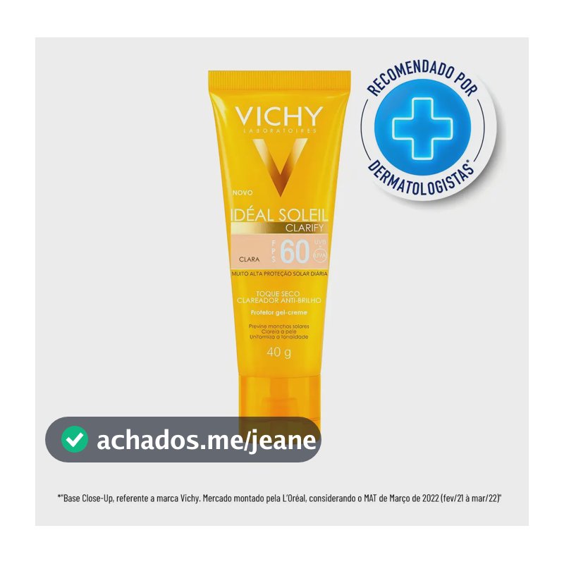 Protetor Solar Facial com Base FPS 60, Ação Clareadora Antibrilho, Previne Manchas Solares, Efeito Matte Toque Seco, Cor Clara, Clarify Capital Soleil Vichy 40g
