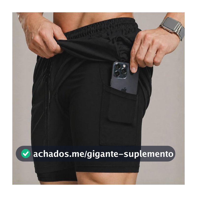 Bermuda Compressão Duplo Masculina 2 Em 1 Short Academia Preto Liso Gg