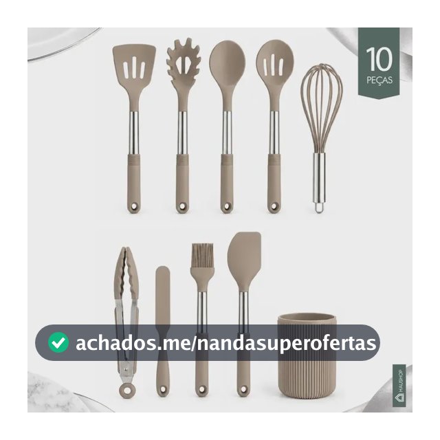 Kit Utensílios 10 Peças Cozinha Silicone Cabo Inox Tamanho Grande Jogo Completo Premium de Colheres Espatúlas Pegador Conjunto Funcional Com Suporte Resistente Não Enferruja Haushop Cor Greige