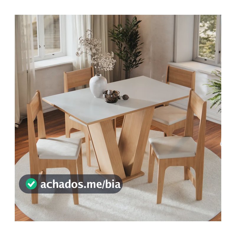 Conjunto Sala de Jantar 4 Lugares com Cadeiras Estofadas Mesa Com Tampo Retangular Semelhante Vidro Base V Mel Branco Off White